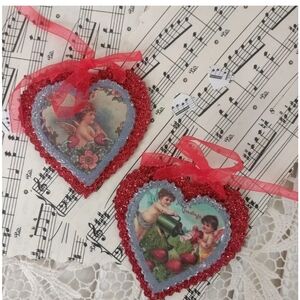 Vintage-Inspired Heart Ornaments with Red Glitter